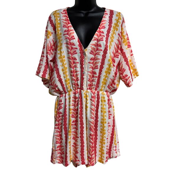 2B Desired Pants - 2B Desired Tropical Hawaiian Floral Print Romper Cover Up Pink Yellow White XL